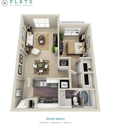 Floor plan for 1 bed, 1 bath, 780 sqft